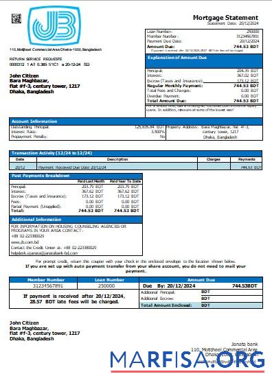 Printable Bangladesh Janata bank mortgage statement scr template